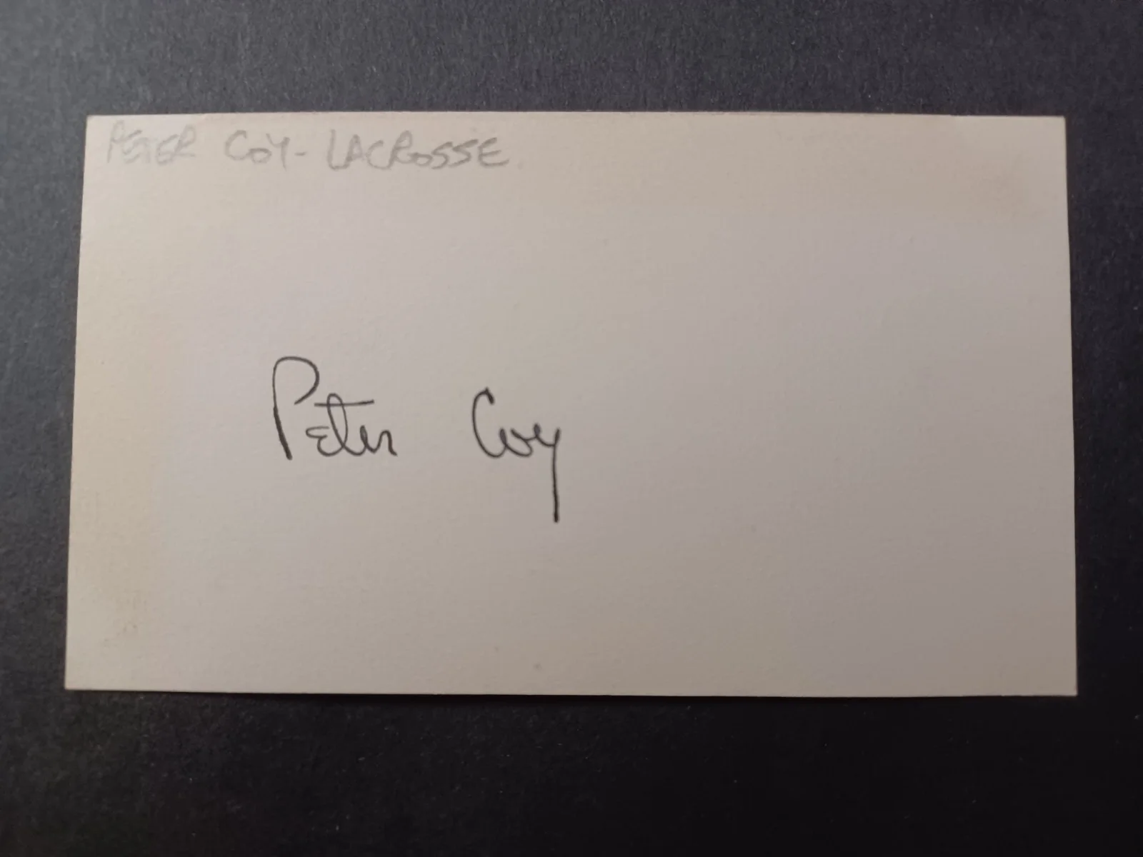 Peter Coy Twice-Signed 2.25" x 4" Card - Playwright, Director, Lacrosse, image 2