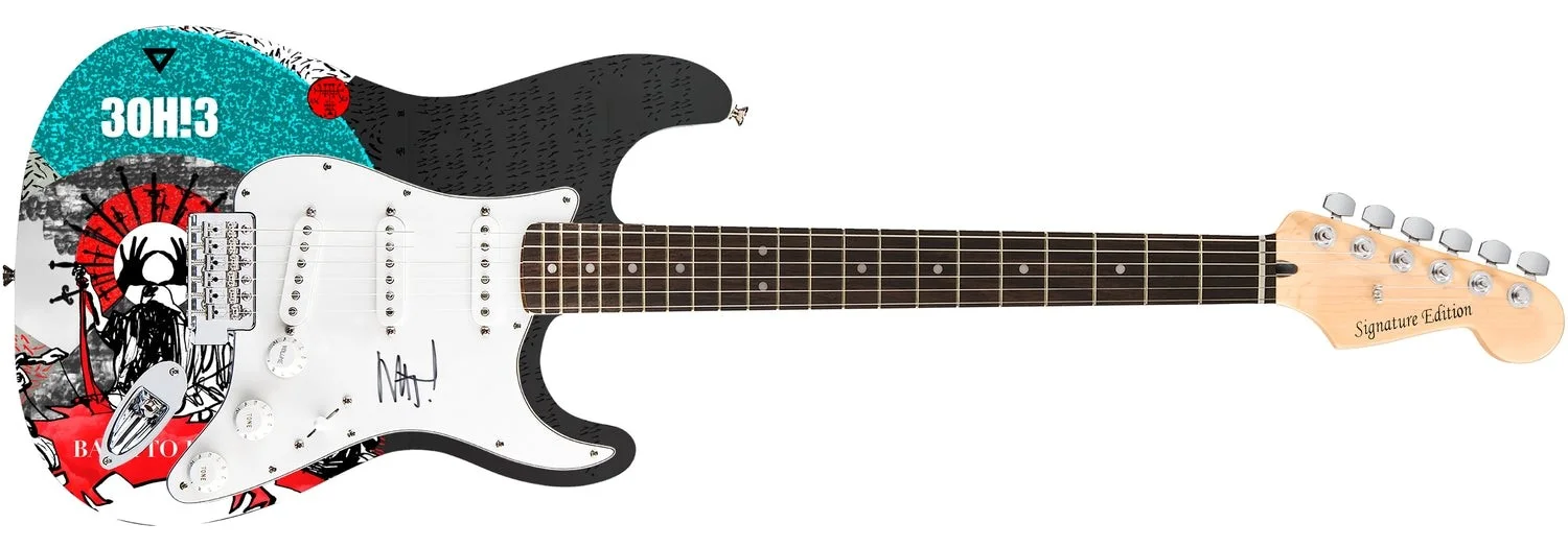 3OH!3 Nathaniel Motte Signed 1/1 Custom Graphics Photo Guitar, image 2