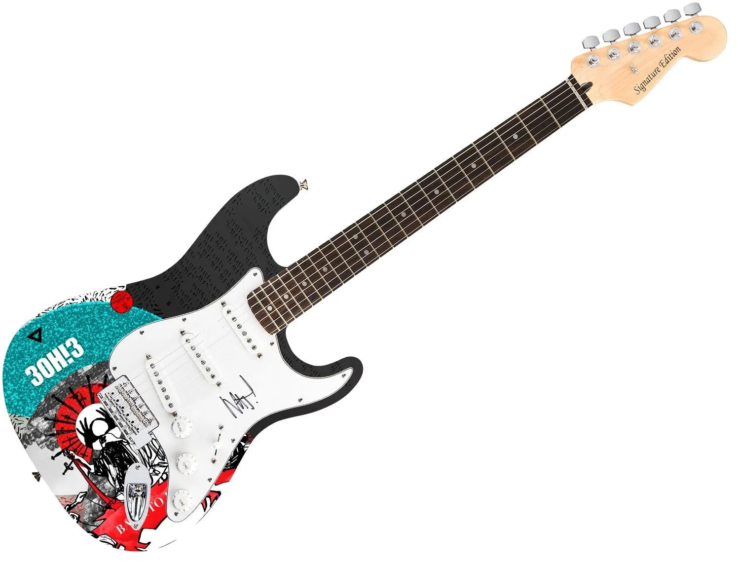 3OH!3 Nathaniel Motte Signed 1/1 Custom Graphics Photo Guitar, image 3