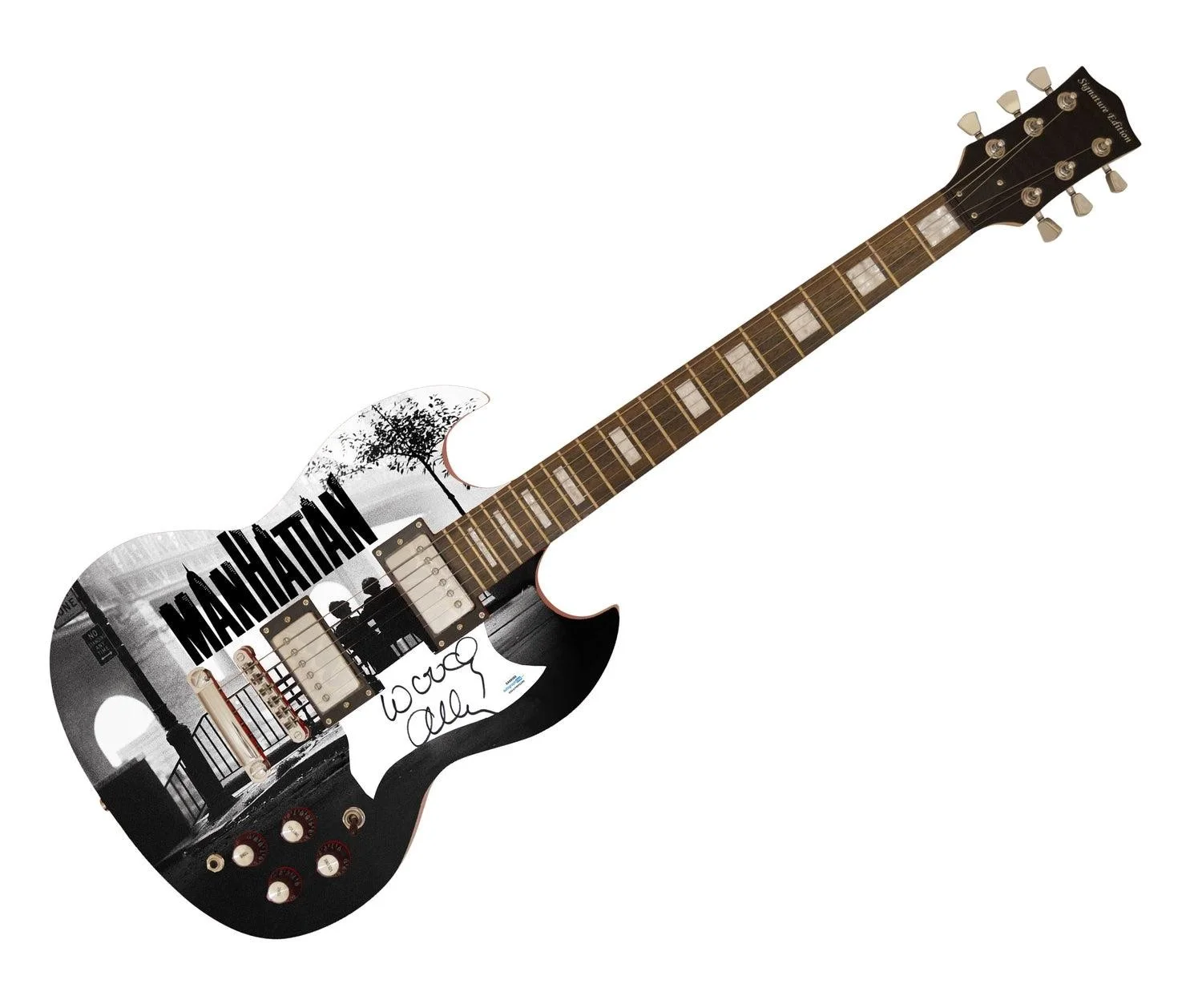 Woody Allen Signed Manhattan Movie Photo Guitar ACOA, изображение 3