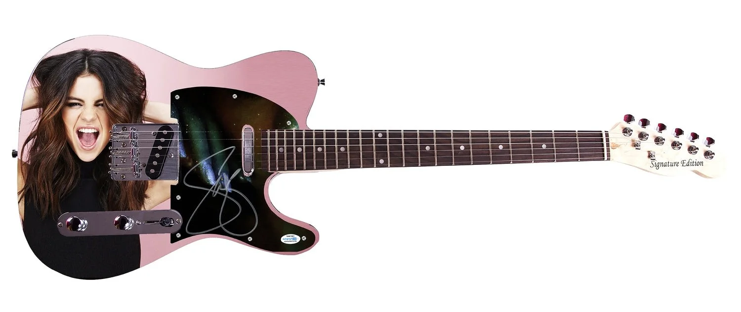 Selena Gomez Signed Glamorous Young Custom Graphics Photo Guitar ACOA, image 2