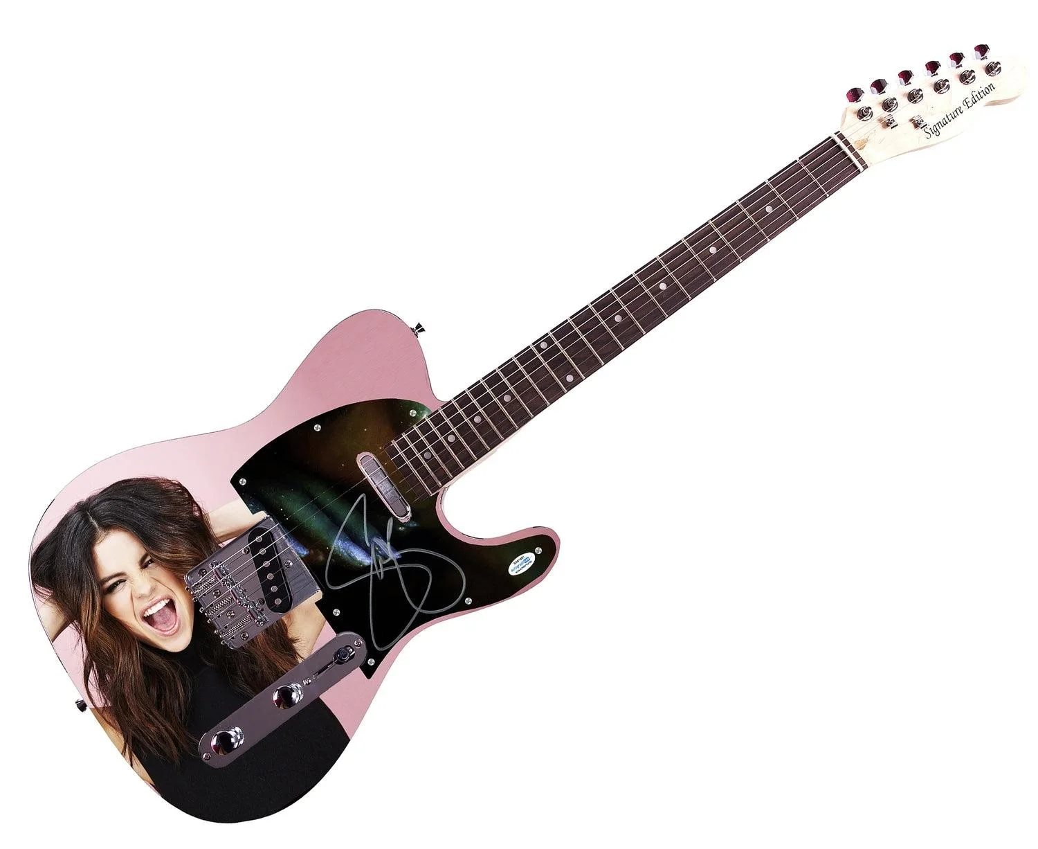Selena Gomez Signed Glamorous Young Custom Graphics Photo Guitar ACOA, image 3