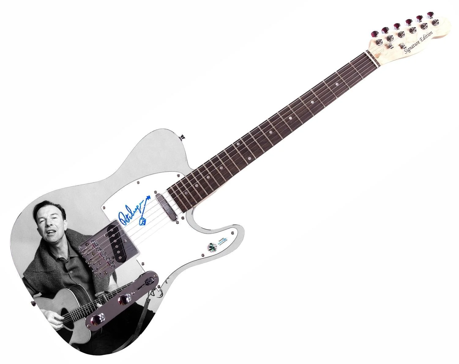 Pete Seeger w Sketch Signed Custom 1/1 Graphics Photo Guitar ACOA, image 3