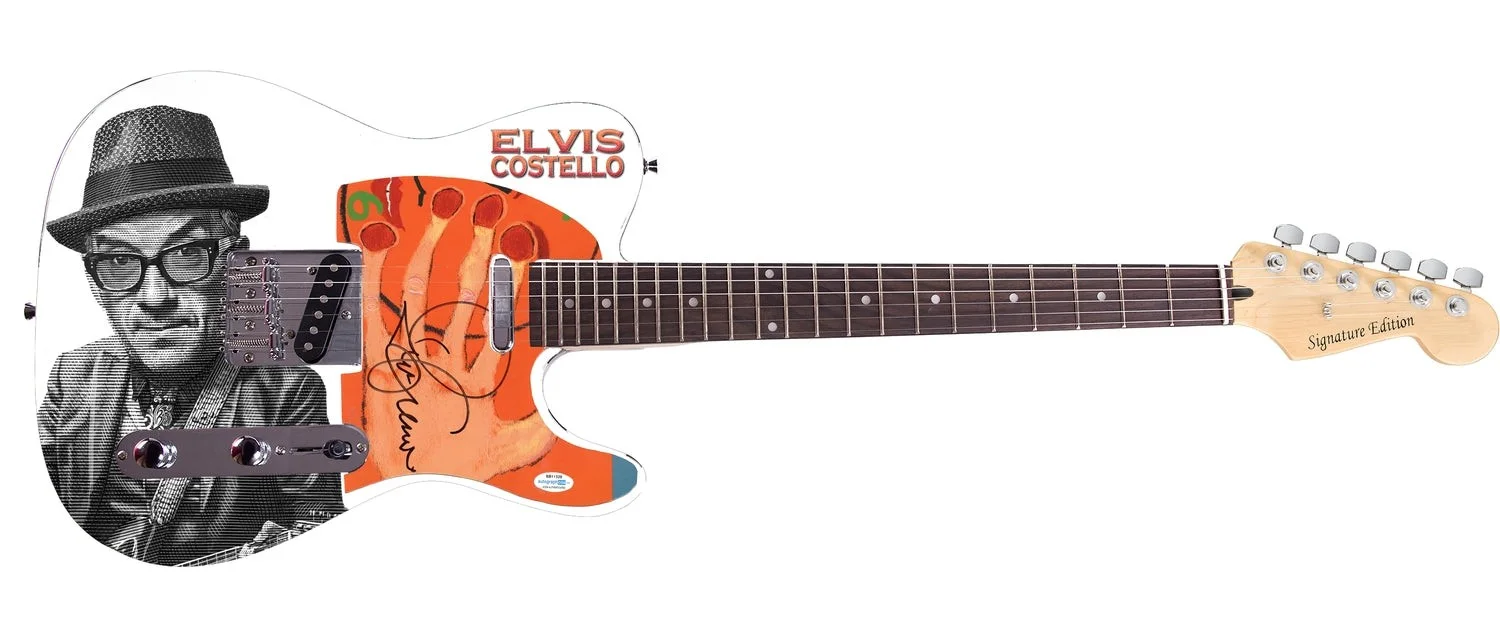 Elvis Costello Signed Custom Graphics Photo Guitar ACOA, image 2