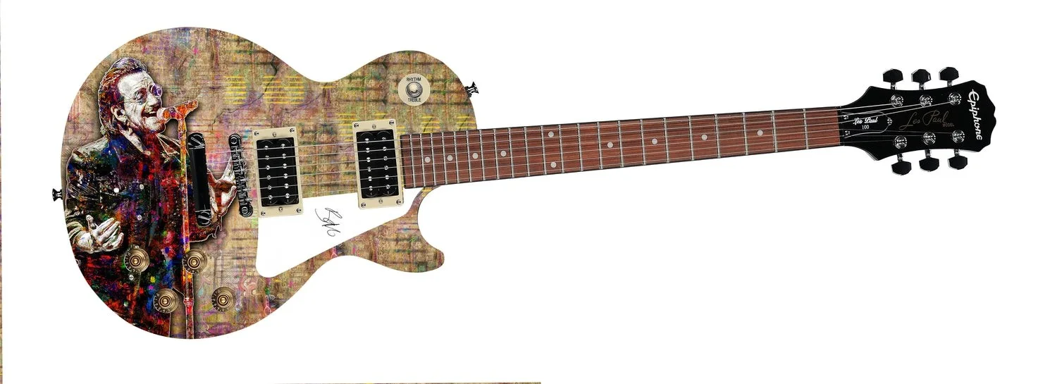 U2 Bono Autographed Gibson Epiphone Les Paul Graphics Guitar, image 2