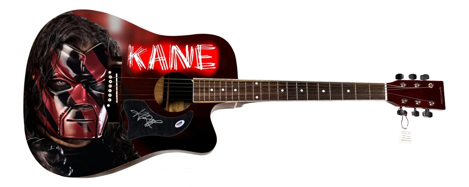 WWE Kane Signed 1/1 Custom Graphics Photo WWF Guitar PSA, image 2