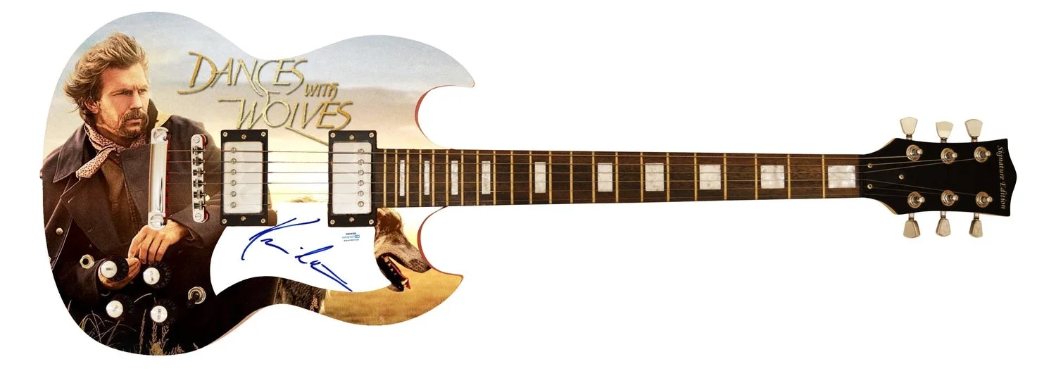 Kevin Costner Signed Dances With Wolves Photo Graphics Guitar, image 2