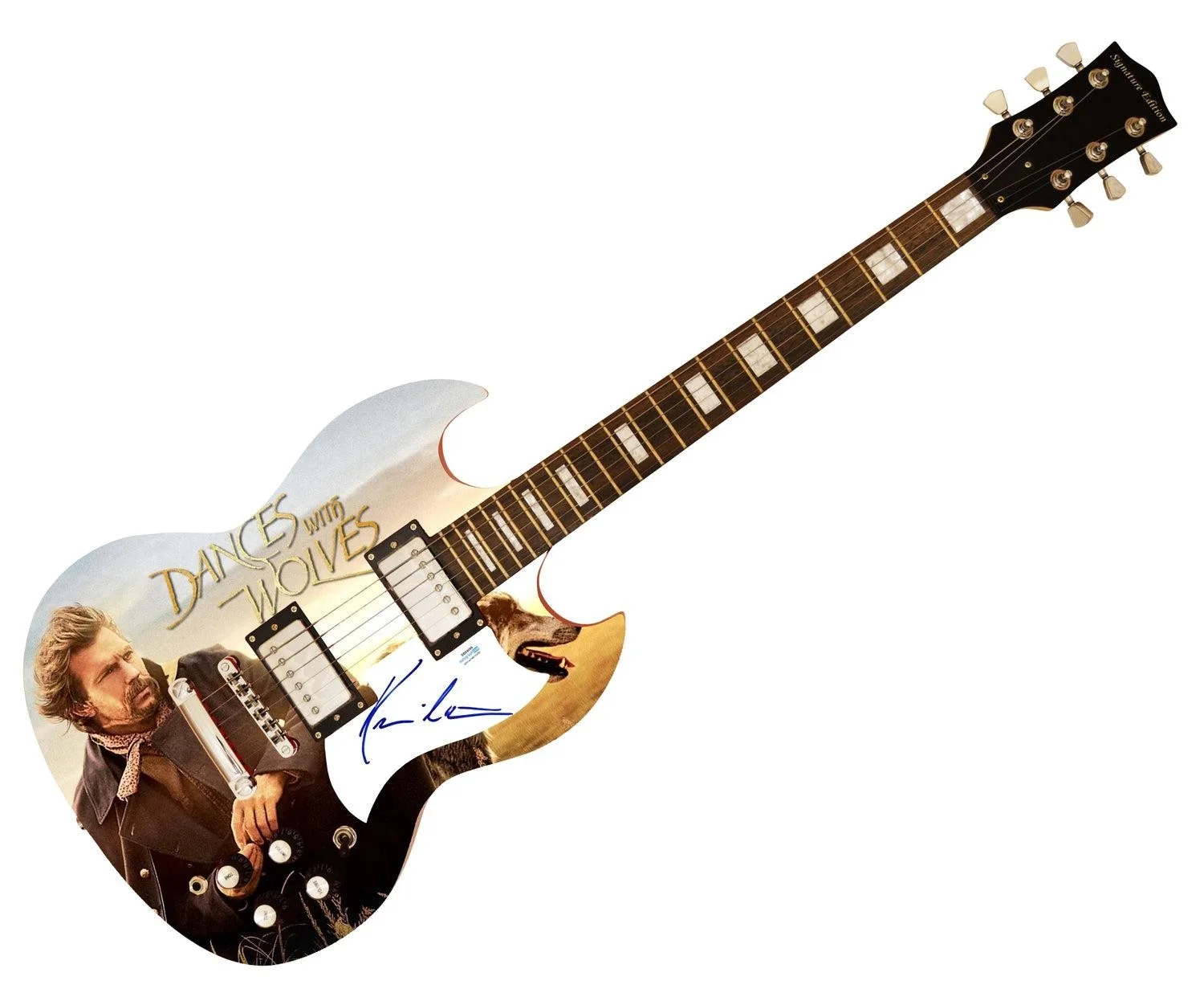Kevin Costner Signed Dances With Wolves Photo Graphics Guitar, image 3