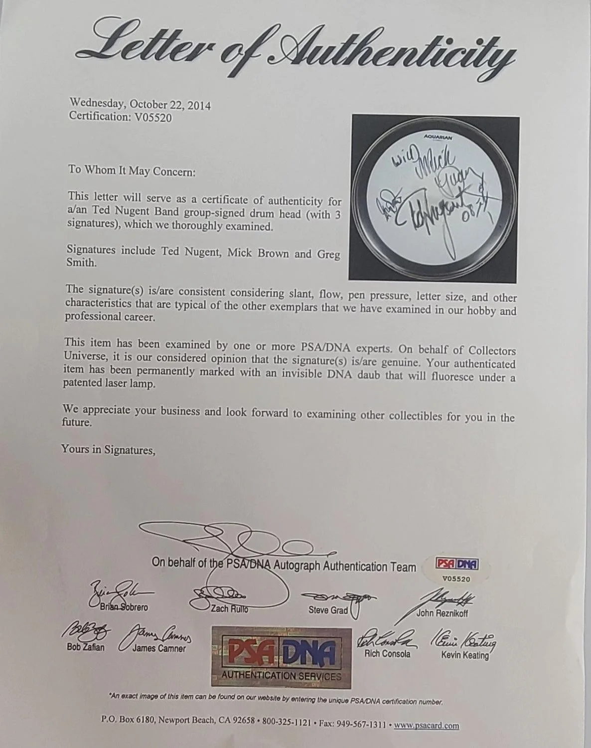 Ted Nugent Band Autographed Concert Used Rolling Thunder Tour 14 Inch Drum Head, изображение 3