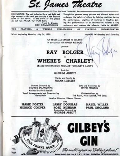 Ray Bolger Signed Autographed Where's Charley 1950 Playbill A, image 2