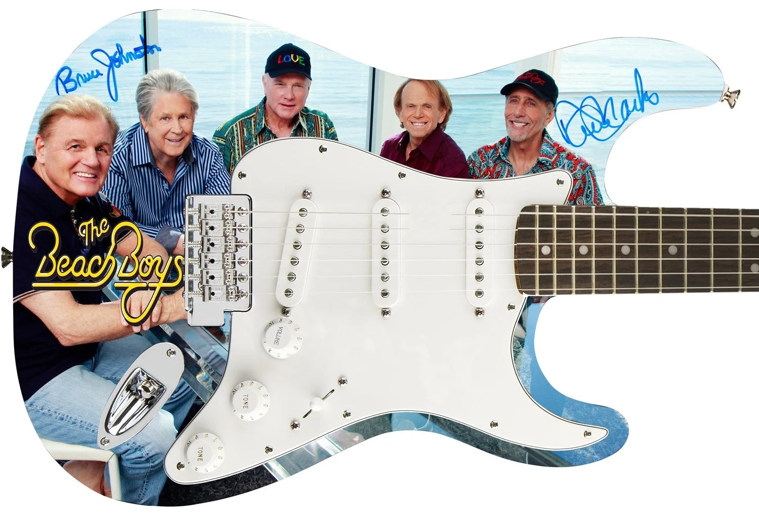 The Beach Boys Signed Autographed Band Smiling Photo Graphics Fender Guitar, image 2