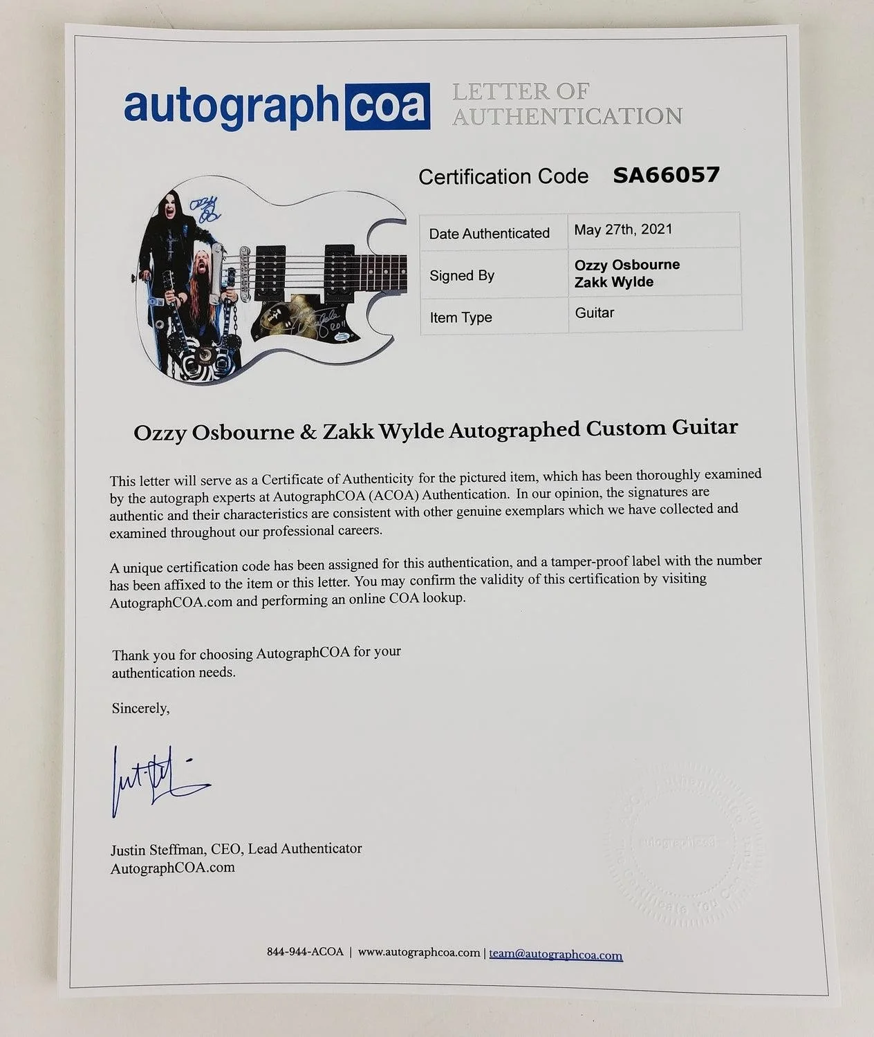 Ozzy Osbourne Zakk Wylde Autographed Epiphone SG Graphics Photo Guitar BAS Witne, изображение 4