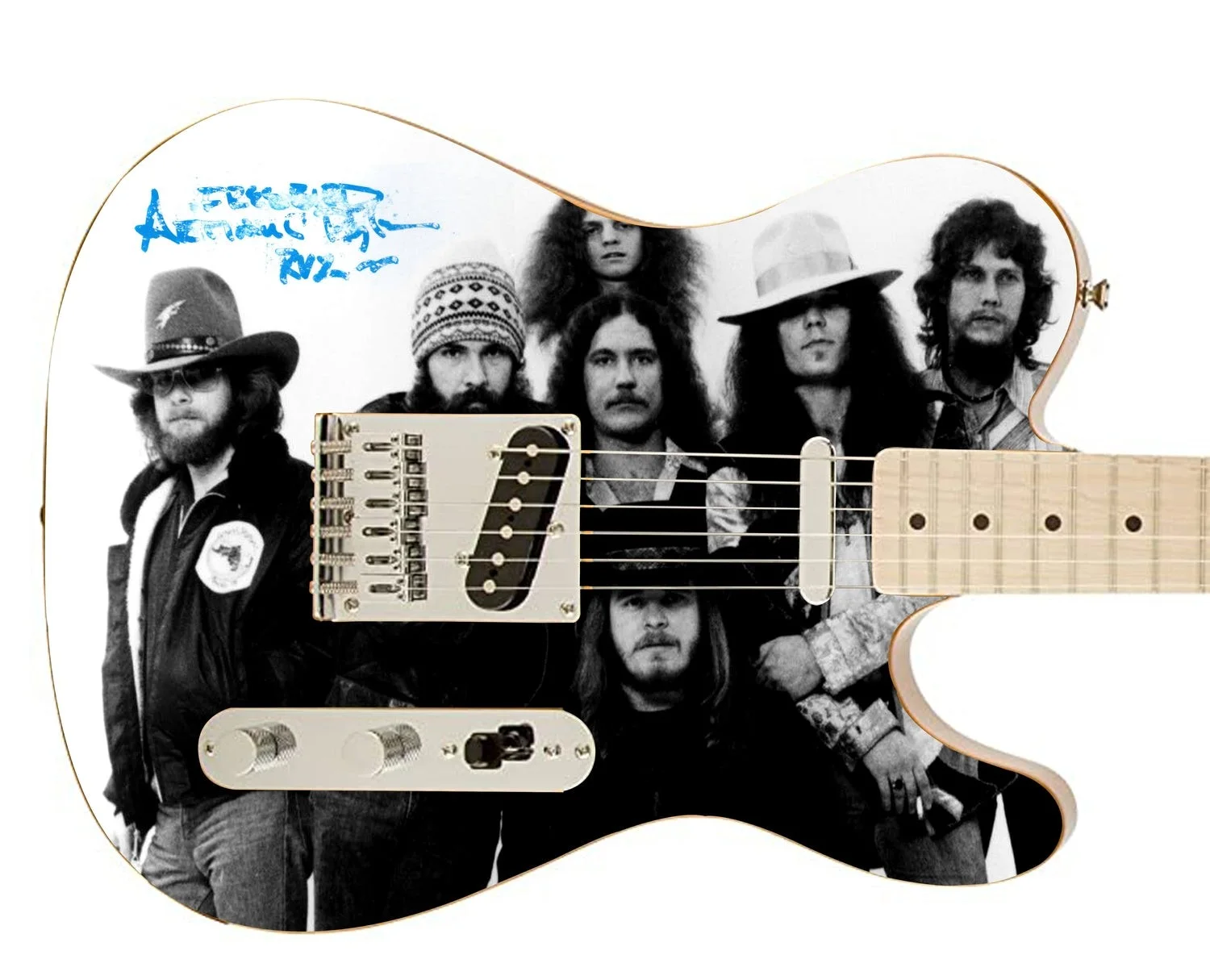 Lynyrd Skynyrd Artimus Pyle Signed Band Photo Graphics Fender Guitar ACOA, image 2