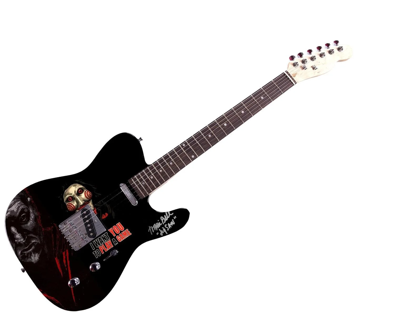 Tobin Bell Saw Jigsaw Movie Signed Custom Graphics Guitar ACOA, image 3