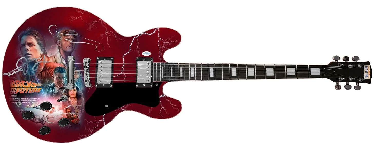 Michael J. Fox Signed Back To The Future Photo Graphics Guitar ACOA, image 2