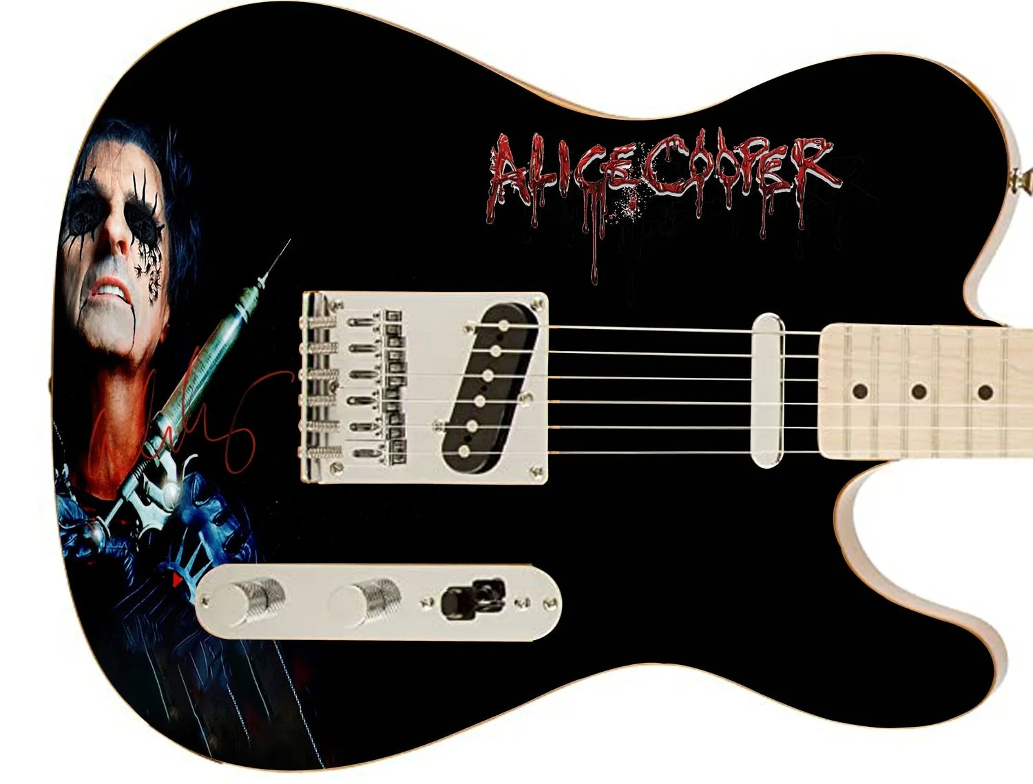 Alice Cooper Signed Blood Dripping Photo Graphics Fender Guitar, image 2