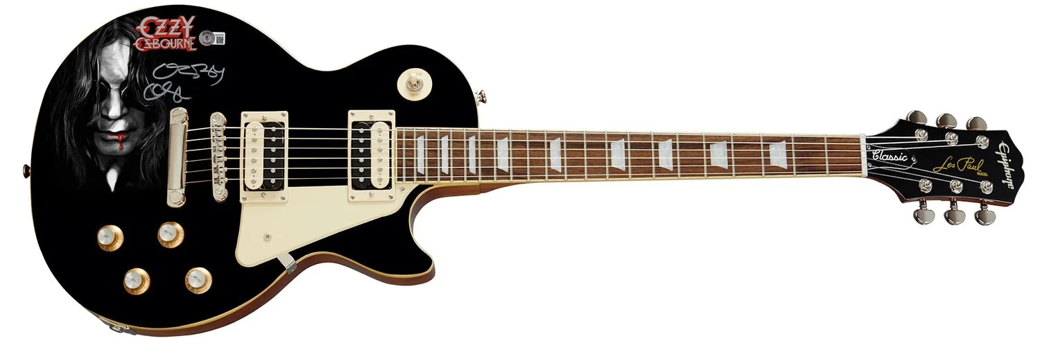 Ozzy Osbourne Signed Les Paul Epiphone Graphics Photo Guitar BAS Witness, изображение 2