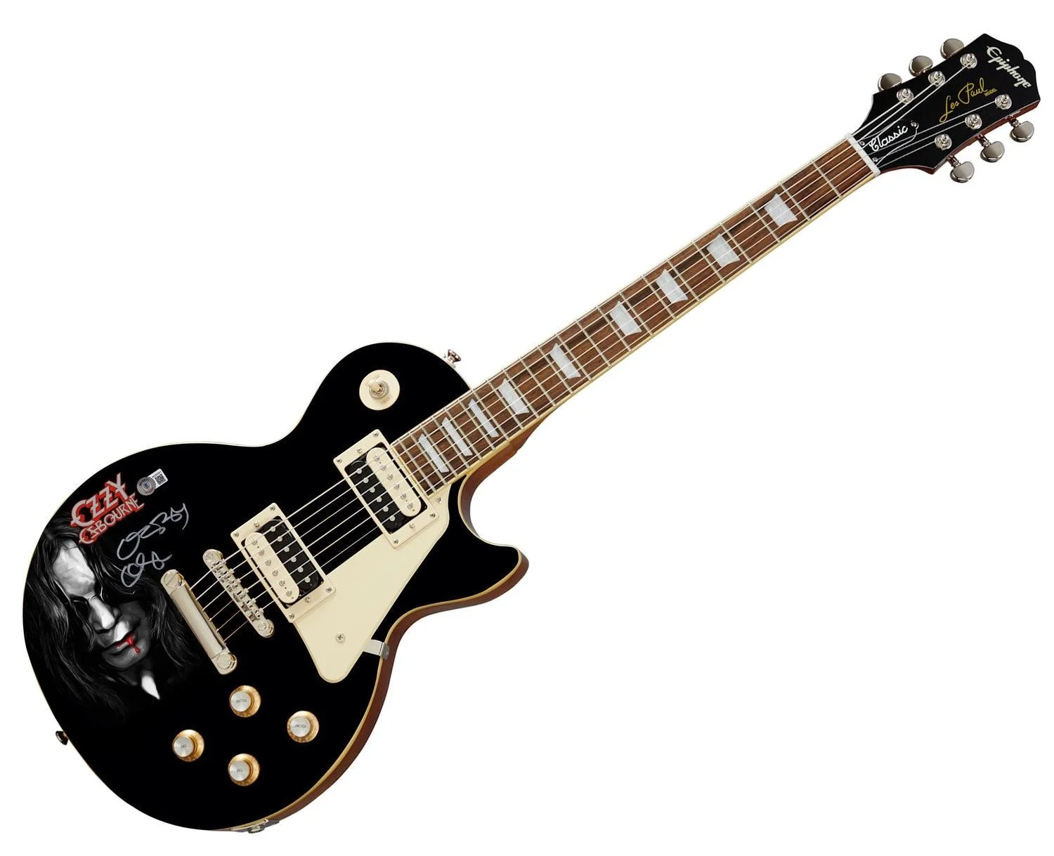 Ozzy Osbourne Signed Les Paul Epiphone Graphics Photo Guitar BAS Witness, изображение 3