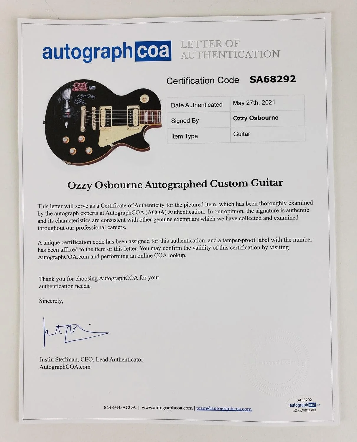 Ozzy Osbourne Signed Les Paul Epiphone Graphics Photo Guitar BAS Witness, изображение 4