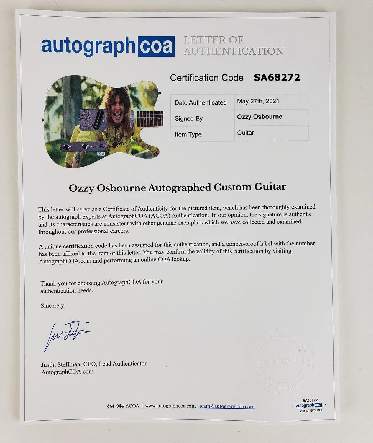 Black Sabbath Ozzy Osbourne Signed Graphics Photo Guitar BAS Witness, изображение 4