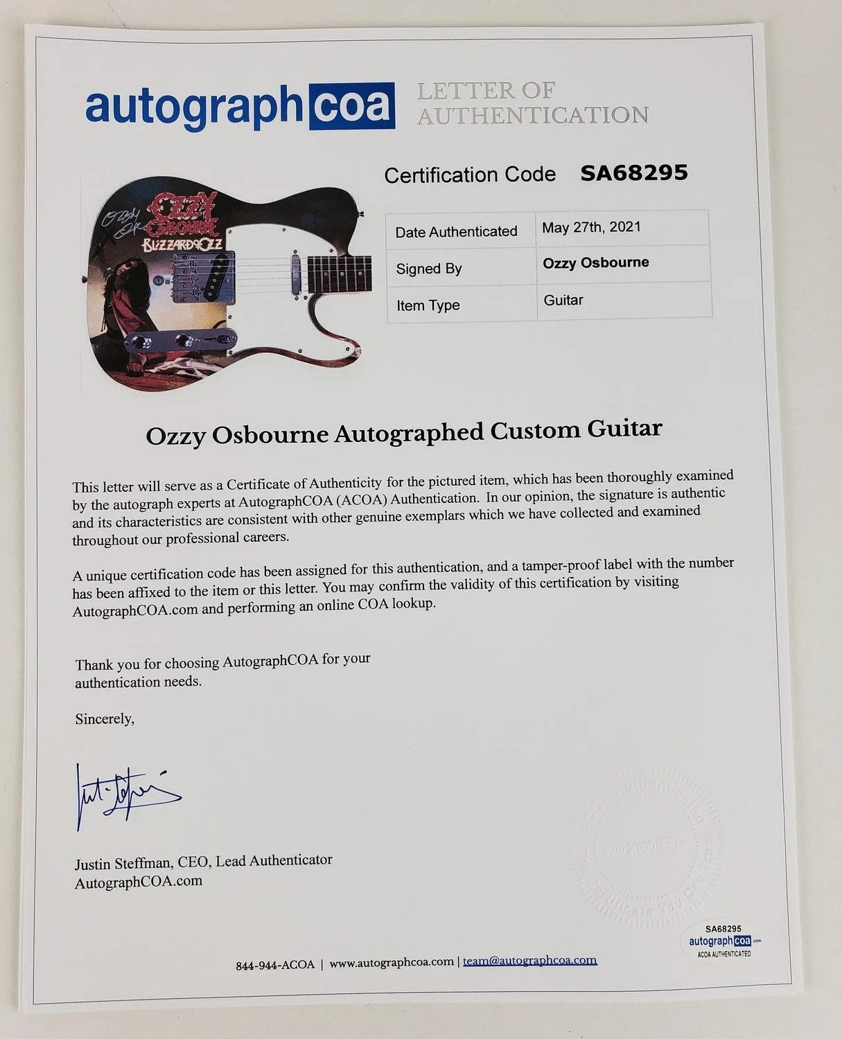 Ozzy Osbourne Autographed Blizzard Of Ozz Album Lp Graphics Photo Guitar BAS Wit, изображение 4