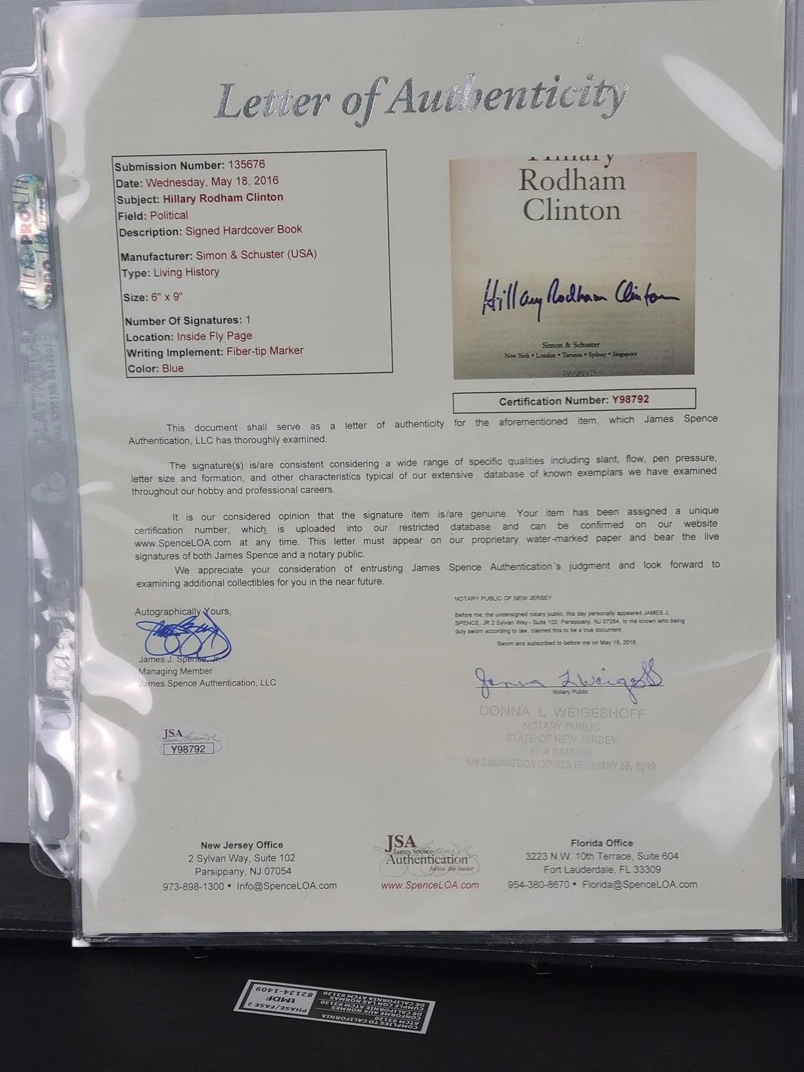 President Bill Clinton & Wife Hillary Signed Framed Photo Display JSA JSA, image 4