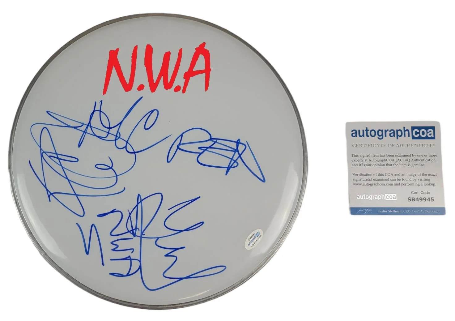 NWA N.W.A. Ice Cube DJ Yella MC Ren Autographed DrumHead Drum Head Display ACOA, изображение 2