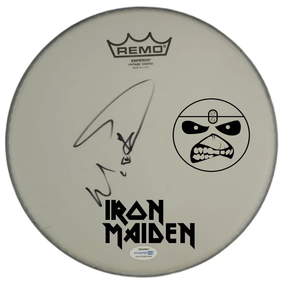 Iron Maiden Nicko McBrain Autographed Custom Framed Drum Head Drumhead Display A, image 2