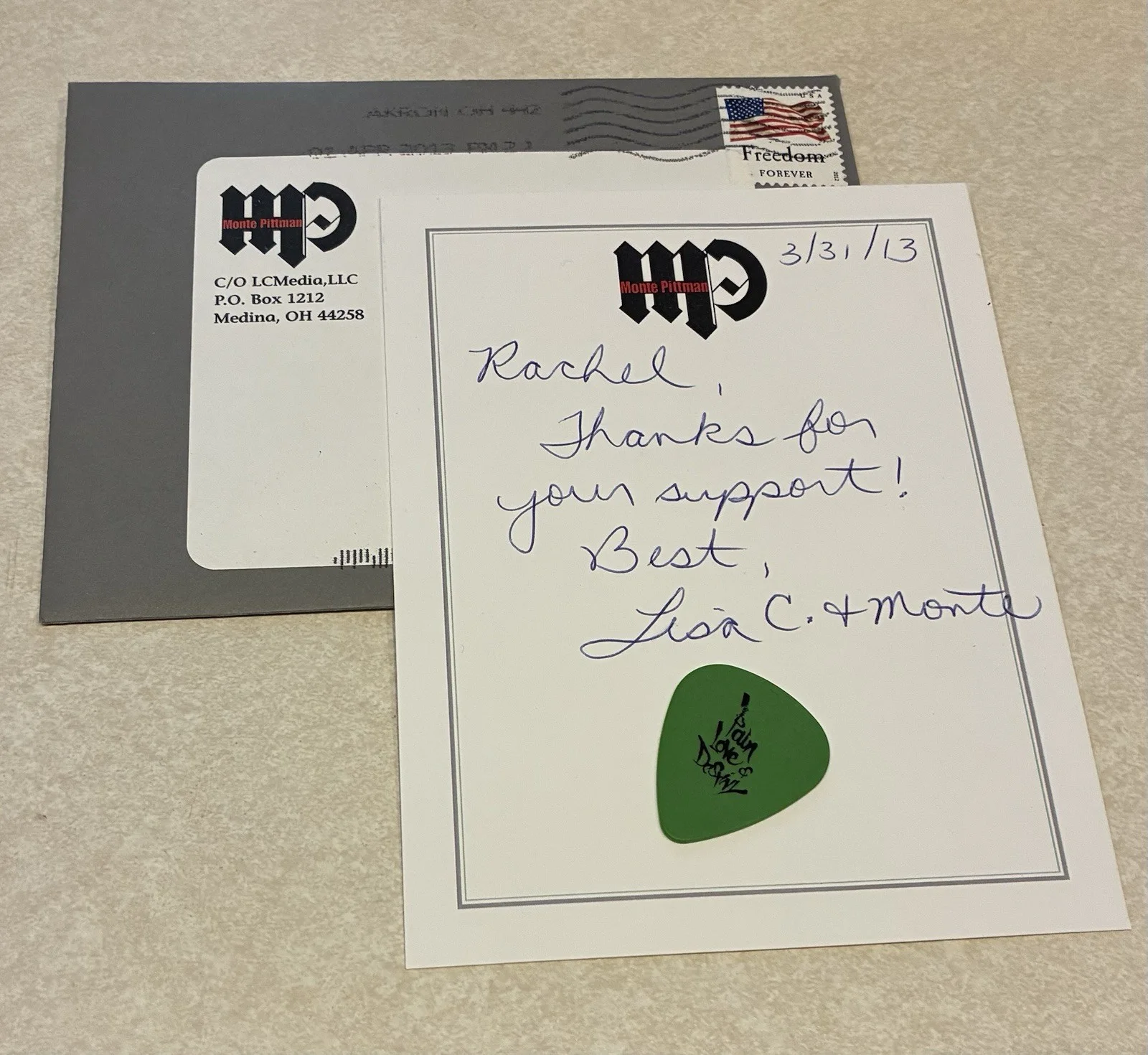 Guitar Pick and Signed Letter From Monte Pittman Autographed 2013 Mdna Madonna, изображение 3