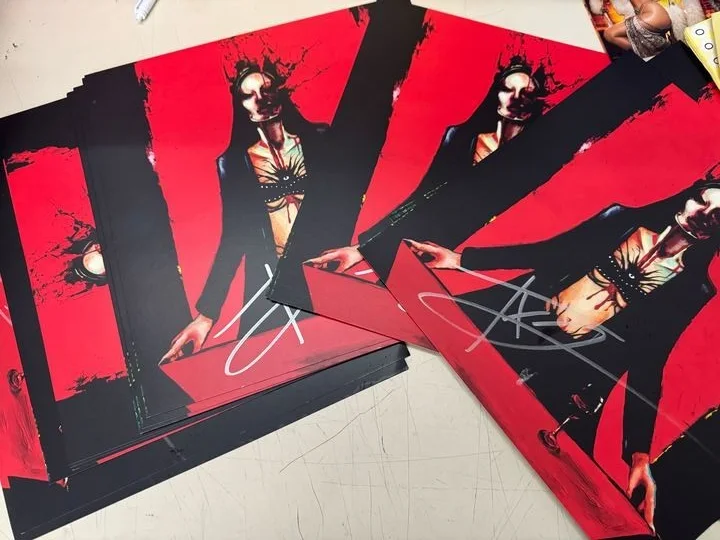 TX2 'End Of Us' (Spotify Fan First Signed) Red & Black Ripple LP art card in han, image 2