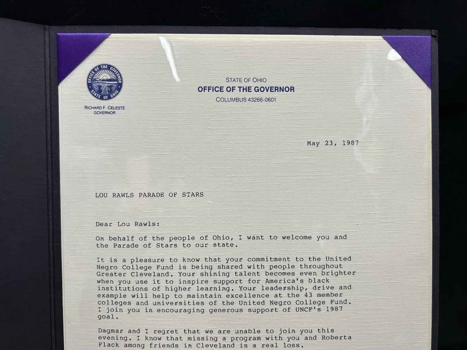 Vintage State Of Ohio Governor Richard F. Celeste Official Letter To Lou Rawls, изображение 4