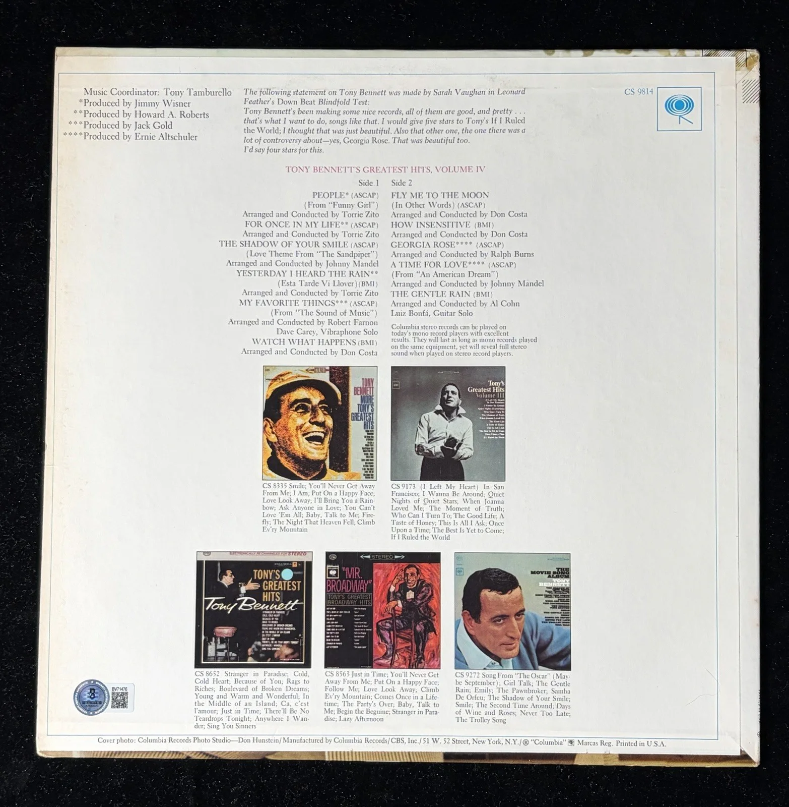 Tony Bennett Signed Autographed Vinyl LP Record Album BAS COA Greatest Hits, изображение 3
