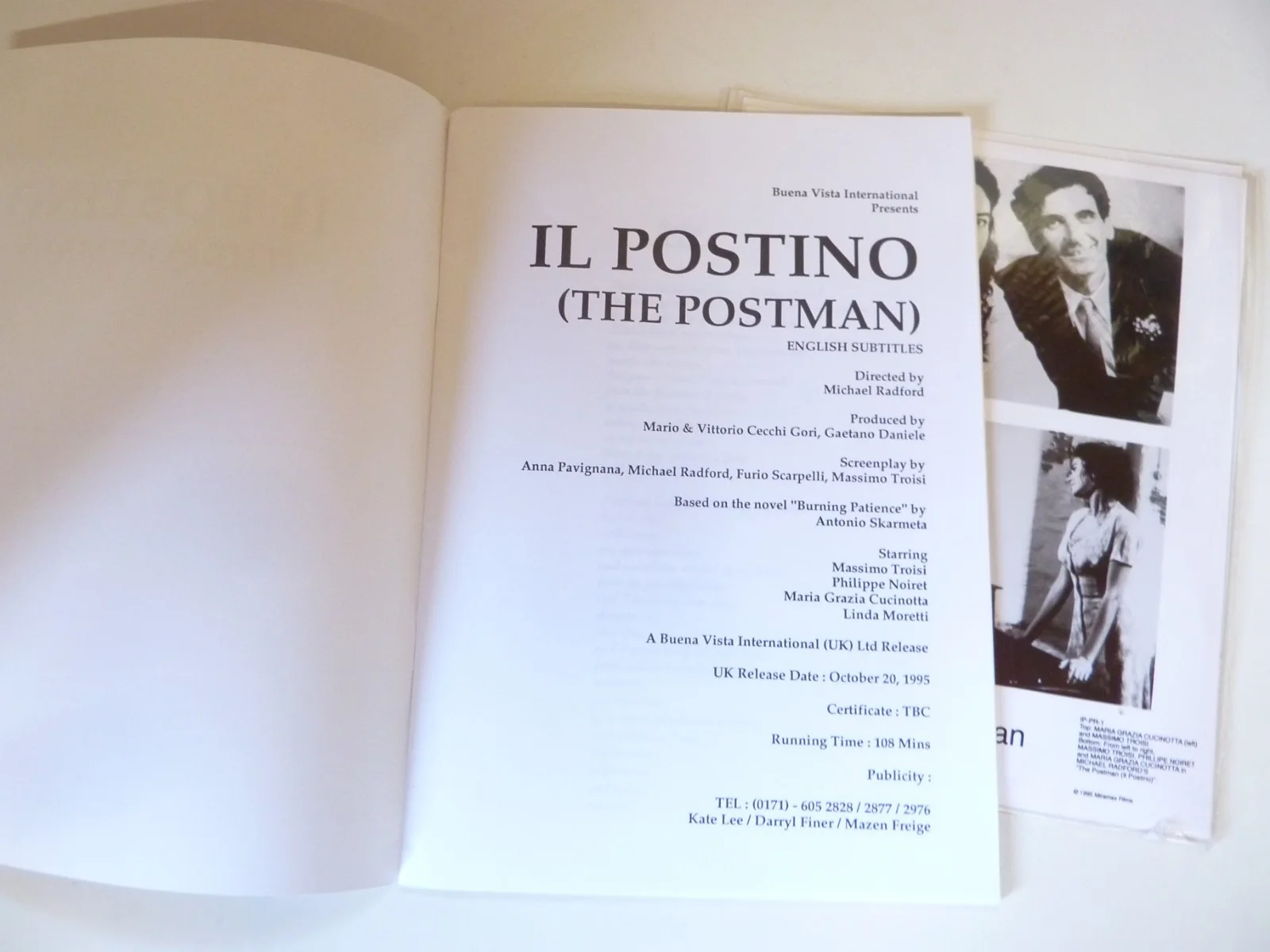 The Postman (Il Postino) 1995 Press Kit Booklet & 3 Photos Massimo Troisi, изображение 2