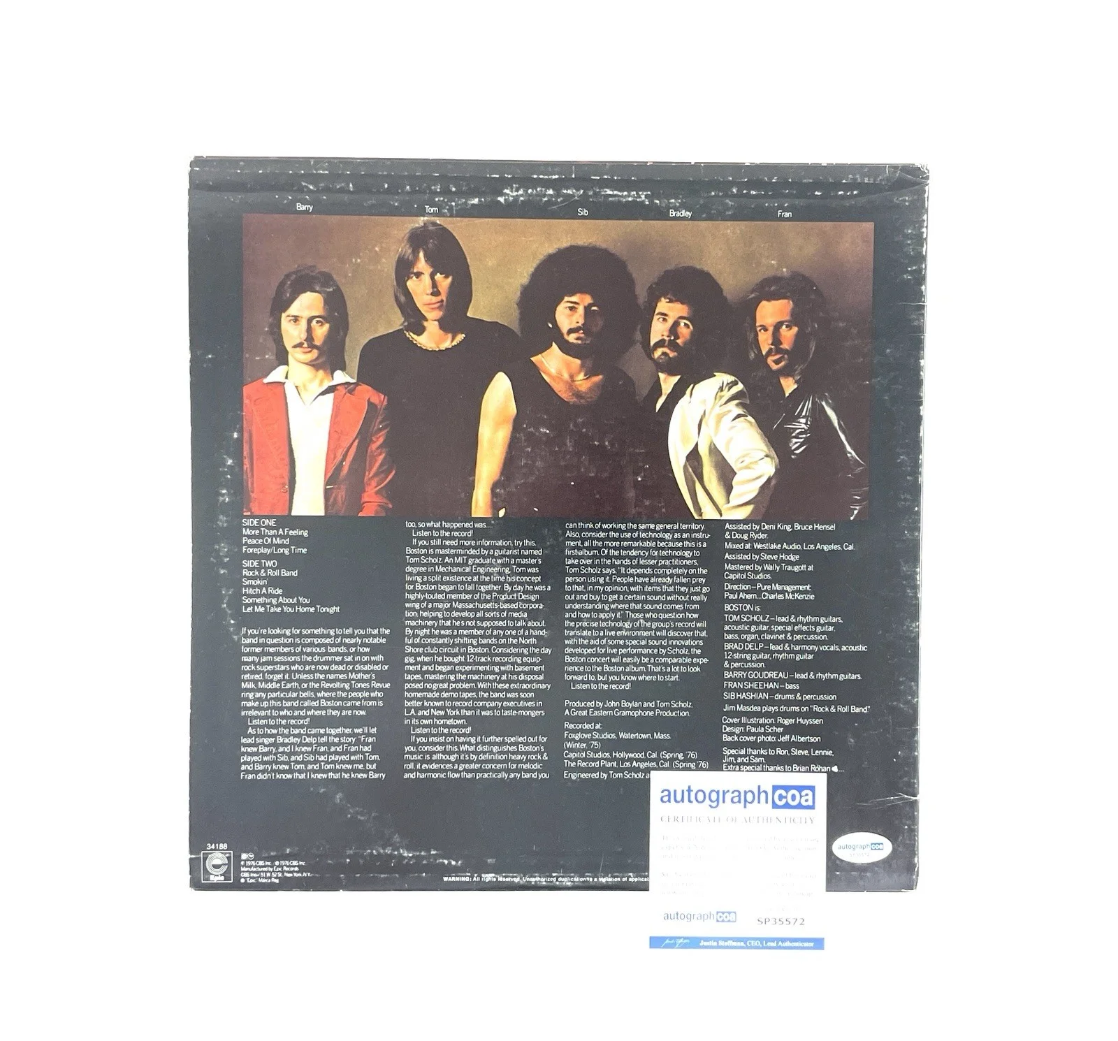 Boston Tom Scholz Signed Autographed Debut Selftitled Vinyl Record Album ACOA 🎸, изображение 3
