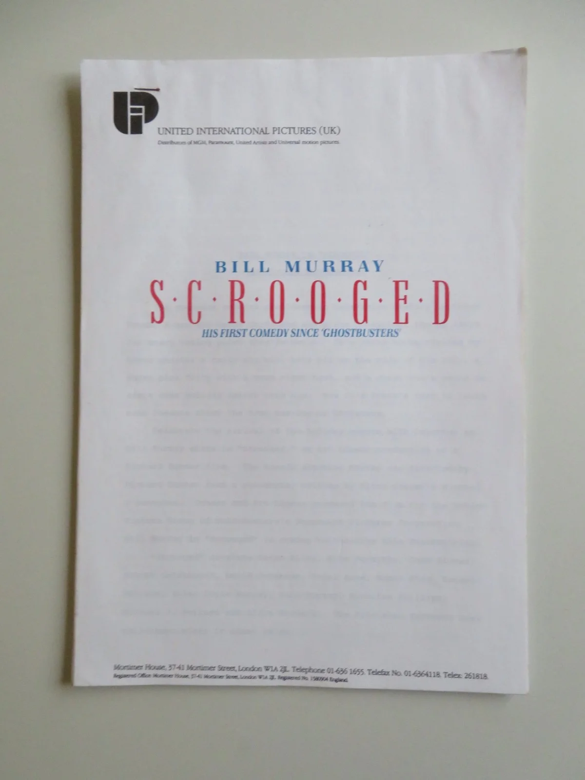 SCROOGED PRESS KIT 1988 BILL MURRAY KAREN ALLEN, image 5