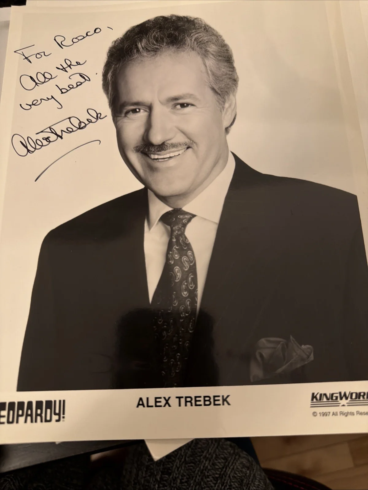 Alex Trebek — Jeopardy Host Alex Trebek Signed Autograph 8x10 B&W Promo Photo, image 2