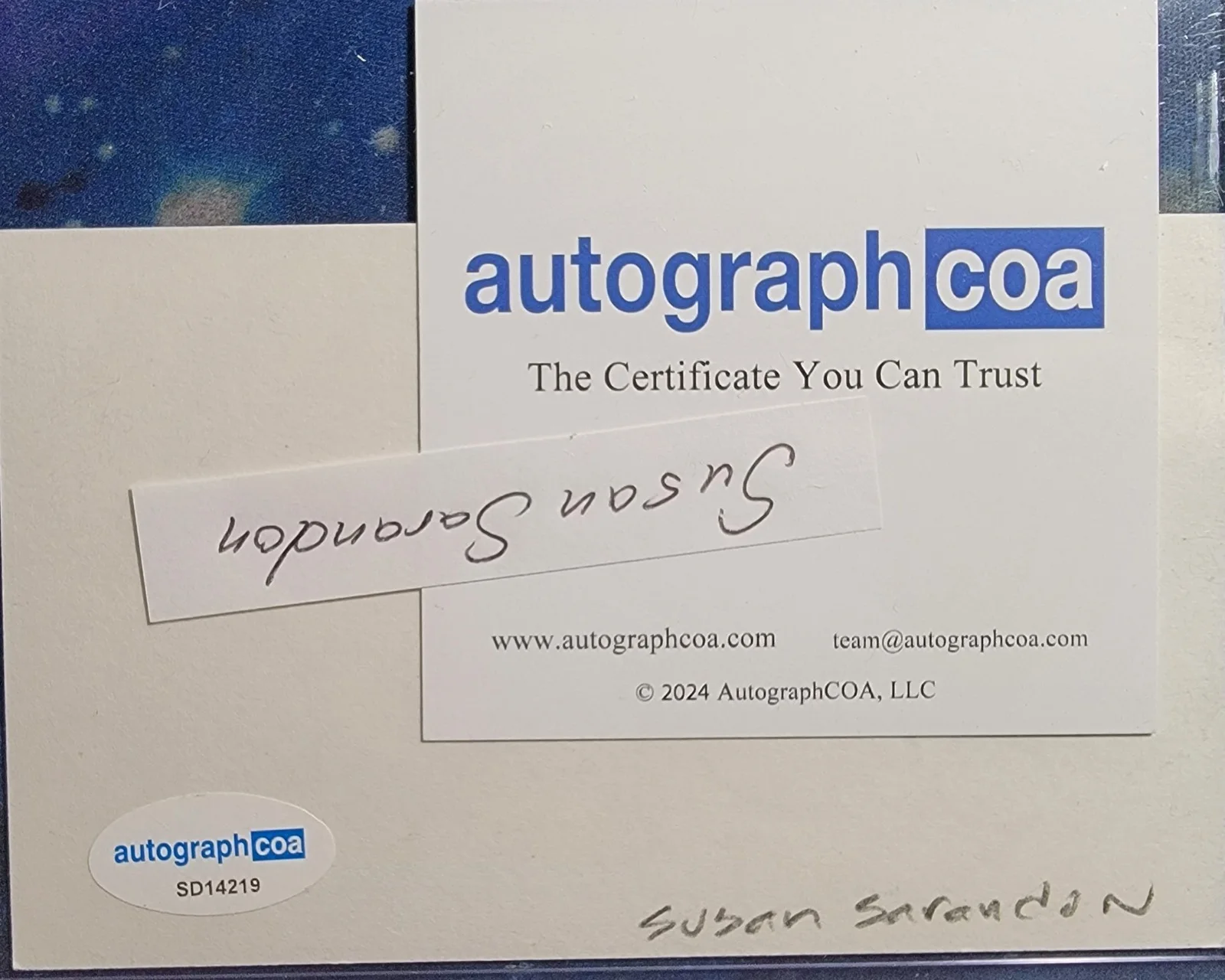 Susan Sarandon — Susan Sarandon Authentic Signed Index Card W/ ACOA Thelma & Louise, image 2