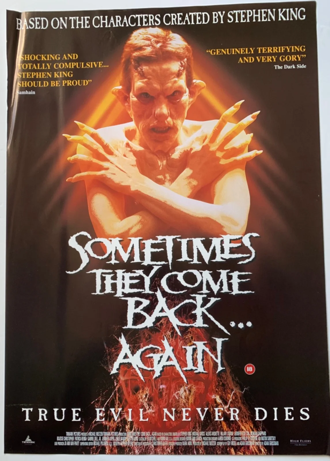 SOMETIMES THEY COME BACK AGAIN / VINTAGE HORROR VIDEO FILM POSTER 1990’S BRITISH, image 2