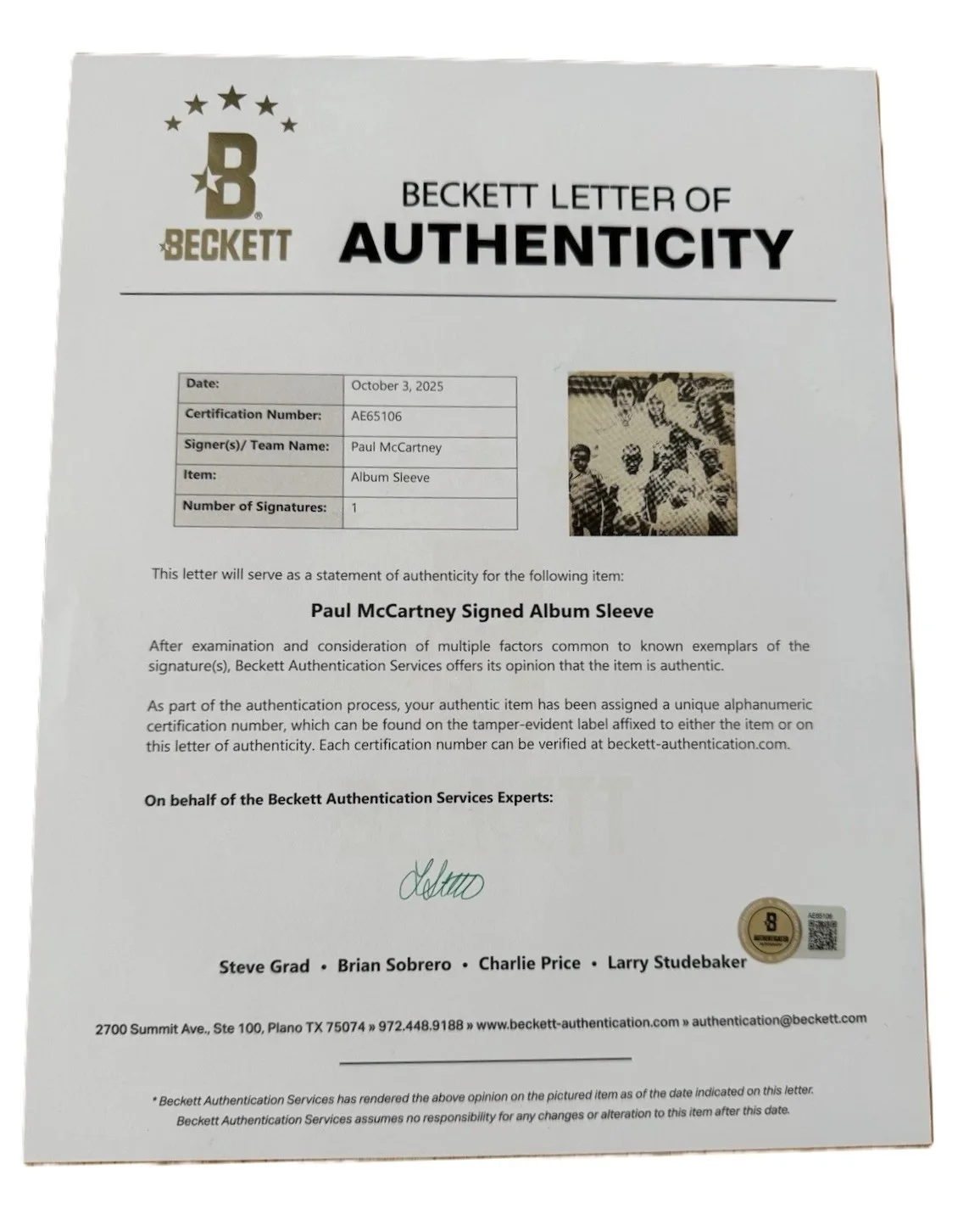 Paul McCartney Vintage 1973 Signed Band on the Run Album Sleeve Beckett BAS LOA, изображение 3