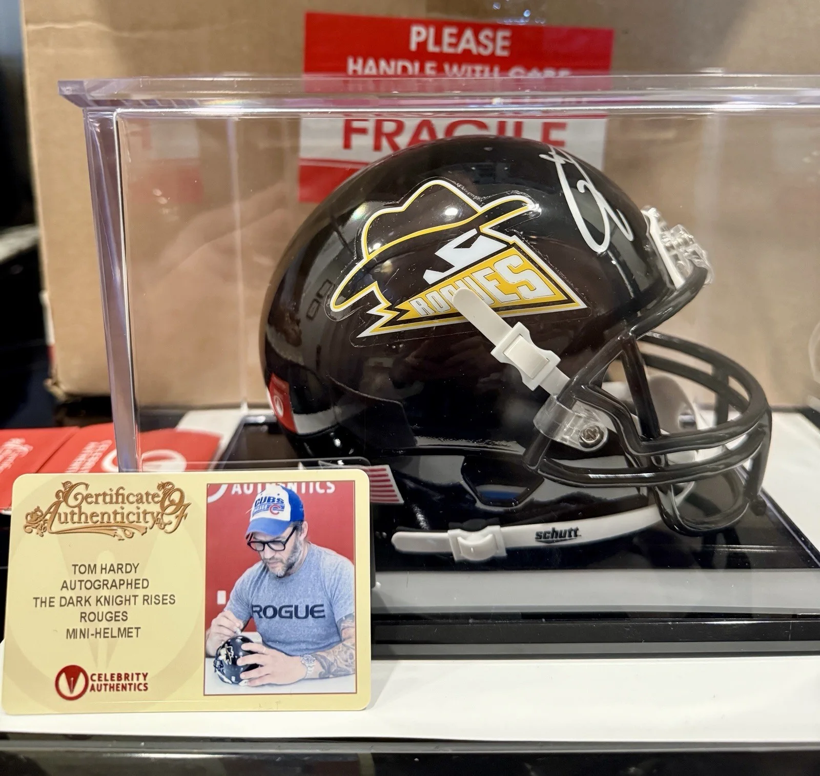Tom Hardy — Batman Bane Tom Hardy Signed Gotham Rogues Mini-Helmet 2012 Dark knight RARE