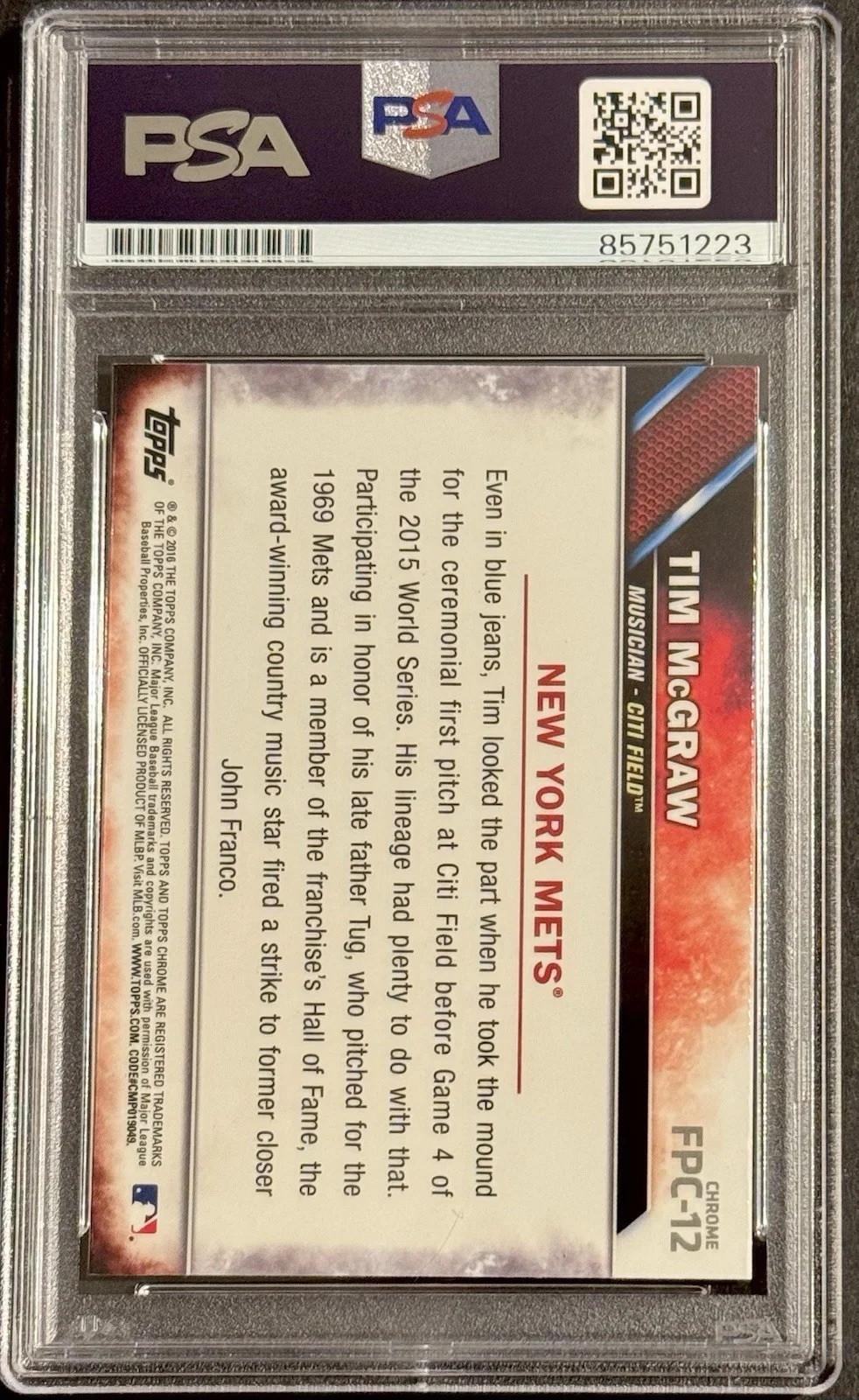 Tim McGraw Signed 2016 Topps Chrome First Pitch Refractor Card Mets PSA/DNA Slab, image 2