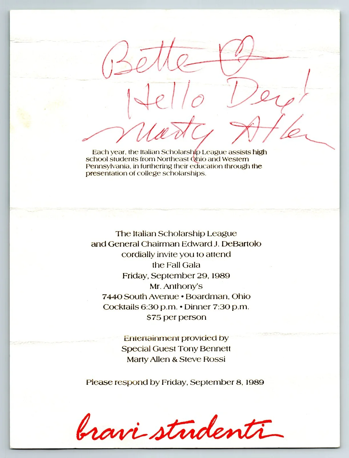 Marty Allen — Marty Allen Comedian Autographed Signed Italian Scholarship Fall Gala Invitation, изображение 2