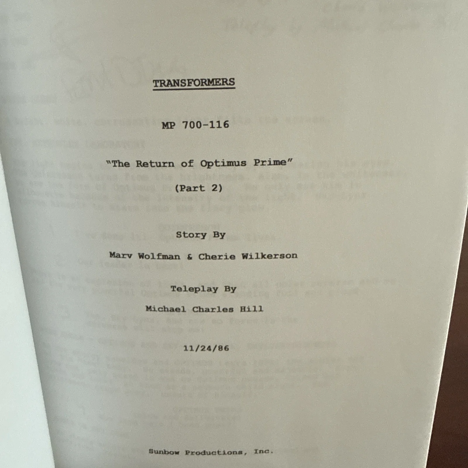 Transformers Signed By MICHAEL HILL Animation And Dialogue Script, image 2
