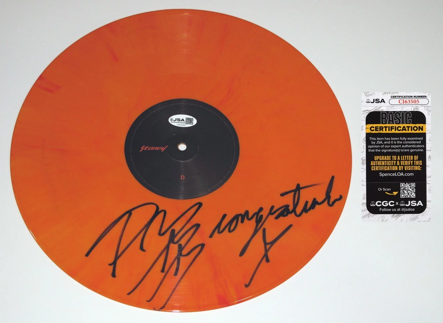 Post Malone — POST MALONE signed "STONEY" Orange Vinyl Record EX PROOF Congratulations Ins JSA, image 5