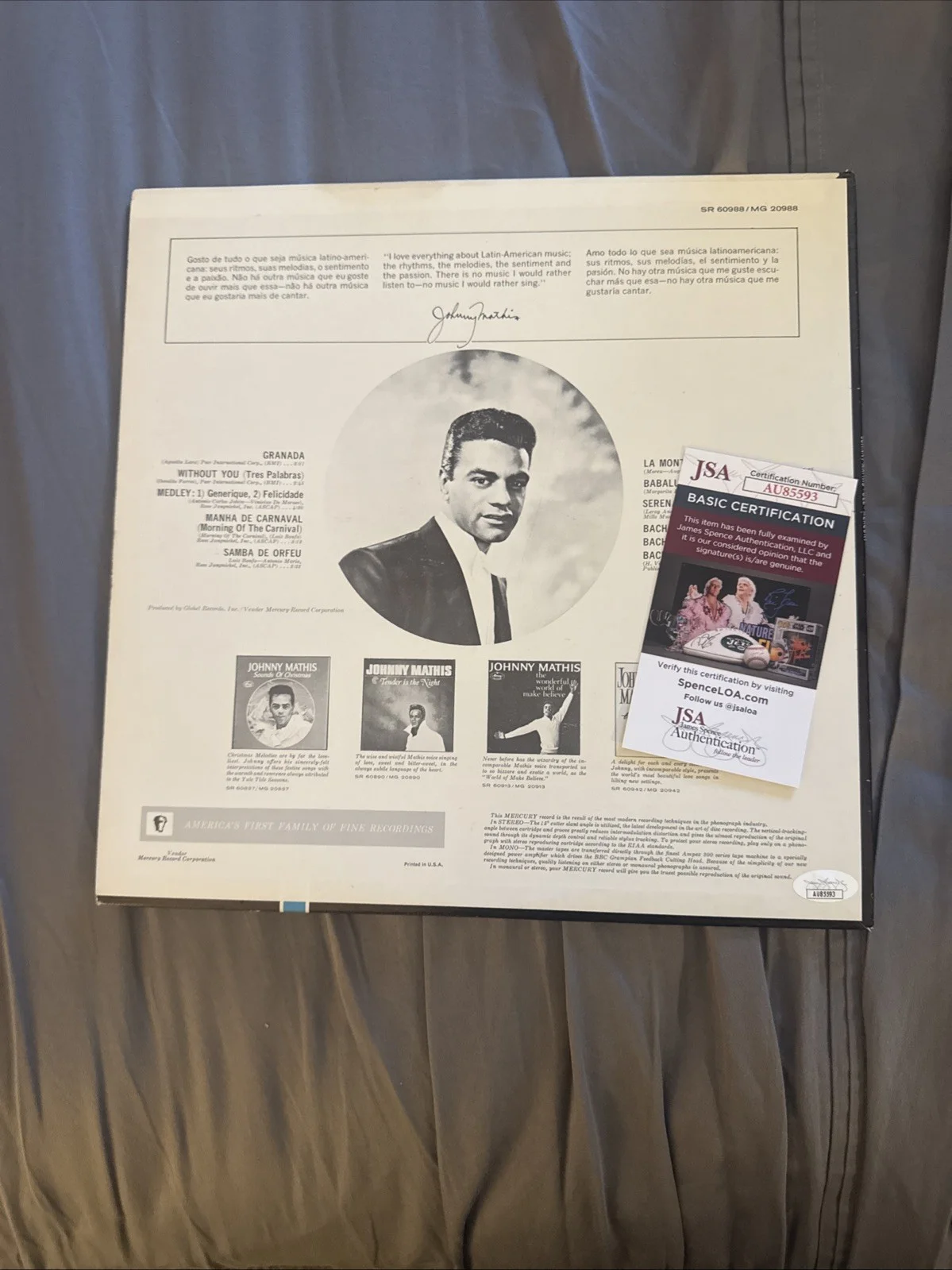 JOHNNY MATHIS SINGER SIGNED AUTOGRAPHED OLE VINYL RECORD JSA Certified, image 4