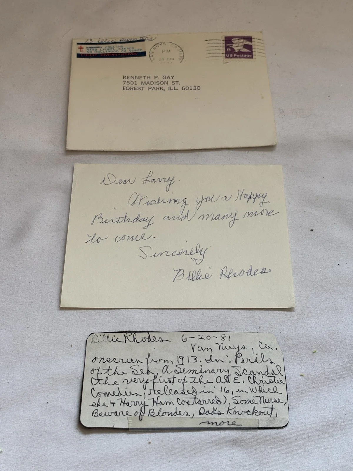 Silent Movie Stars Collection Birthday Greetings To Same Person. Envelopes, ‘70s, image 3