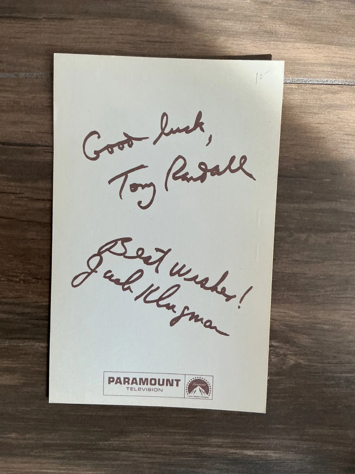 Tony Randall and Jack Klugman signed Notecard, image 2