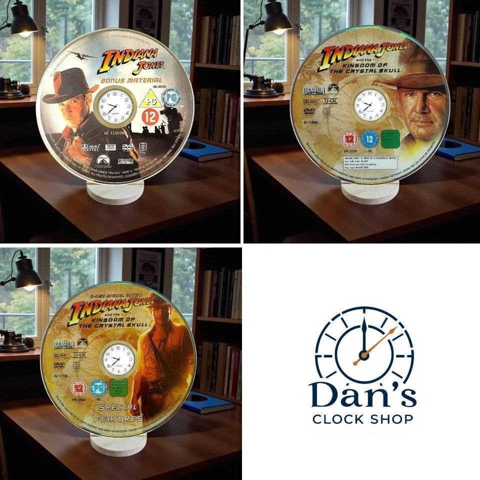 Indiana Jones DVD Clock with Handmade Wooden Stand - Upcycled Disc Display, image 5