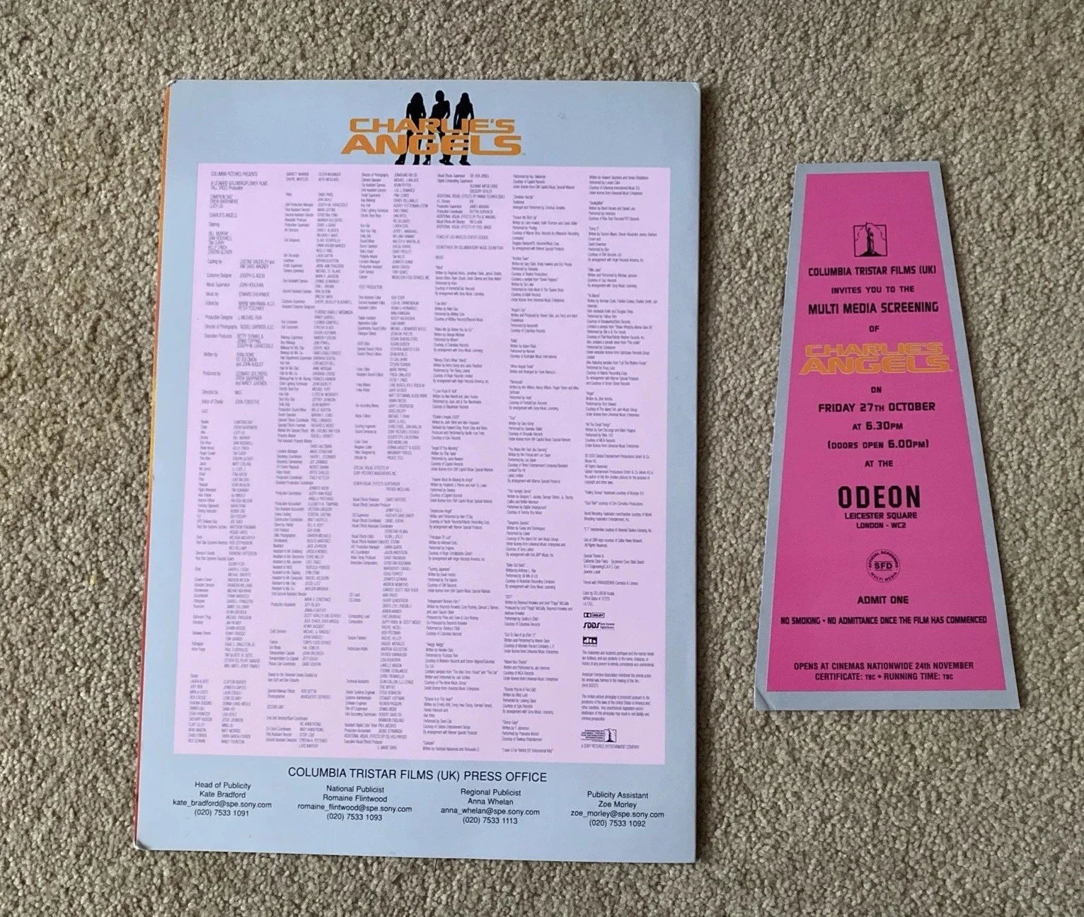 CHARLIES ANGELS - Multi Media Screening Ticket & Brochure - London - 27/10/2000, изображение 2