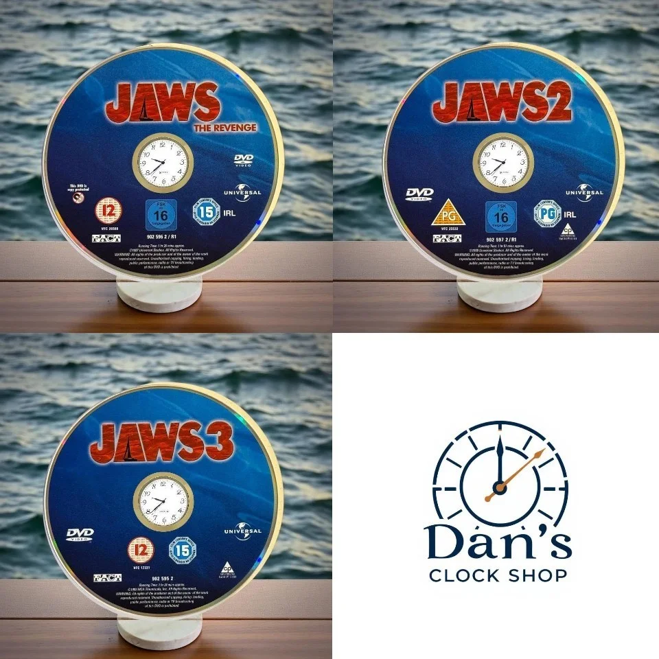 Jaws DVD Clock with Wooden Stand | Upcycled Handmade Display | Unique Gift, image 5